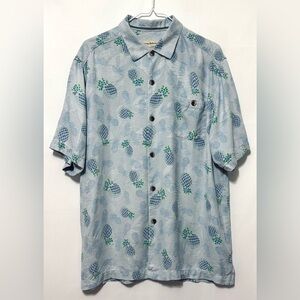 Tommy Bahama Silk Hawaiian Pineapple Shirt Short Sleeve Button Up Blue Large